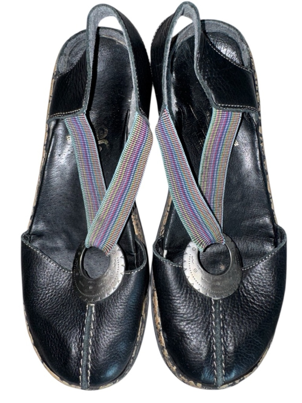Rieker Black Leather Slingback Flats with Decorative Ring and Rainbow Elastic 37